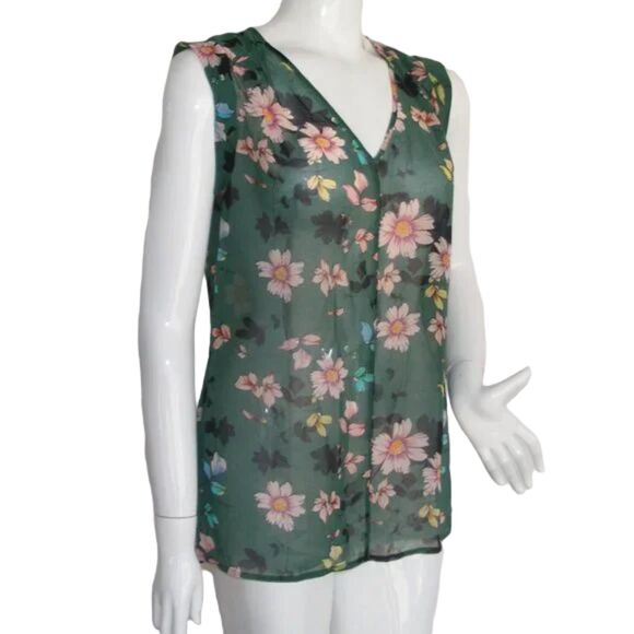 CABI Top, S, Green, Sleeveless, Sheer, Shadow Blue, Daisy Vine, 1 pc, Style 3619 - Picture 2 of 12
